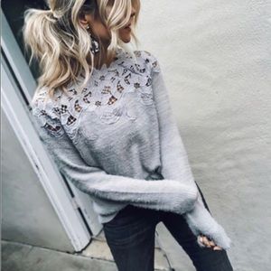 Vici Gray Off Shoulder Sweater Lace Embroidered Small s
